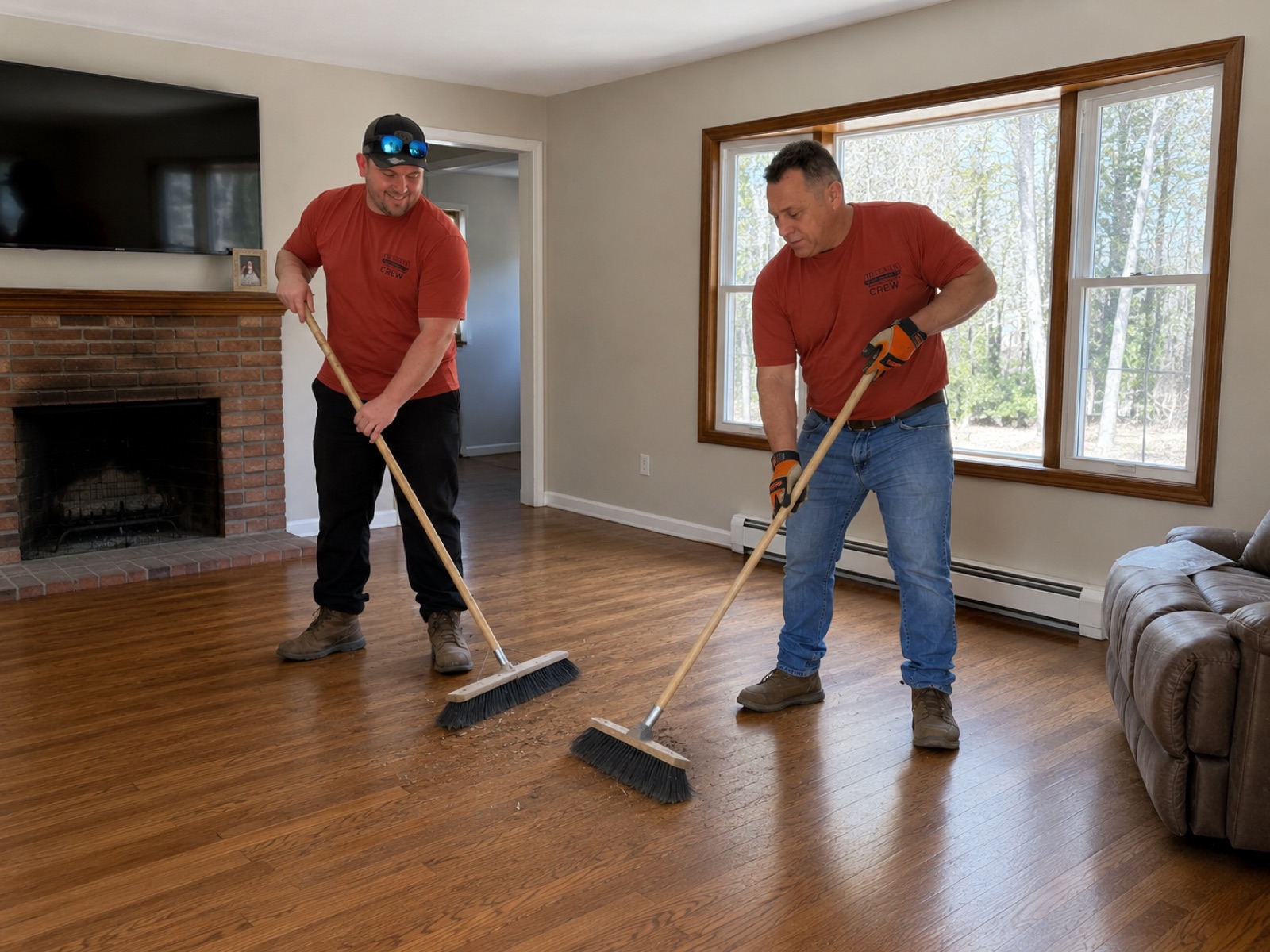 All Island crew sweeping a Long Island living room broom-clean after a cleanout