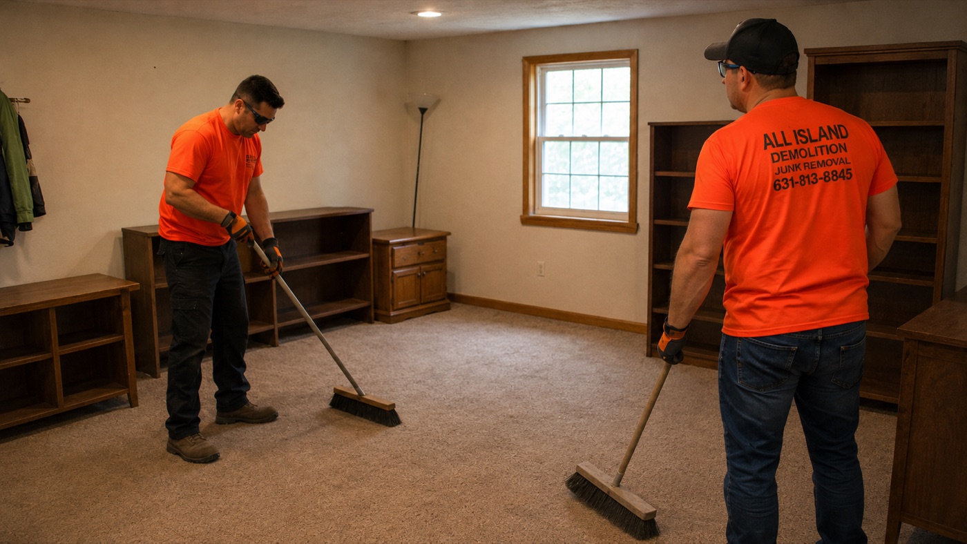 Same Long Island room broom-clean after the All Island crew cleared it out same day