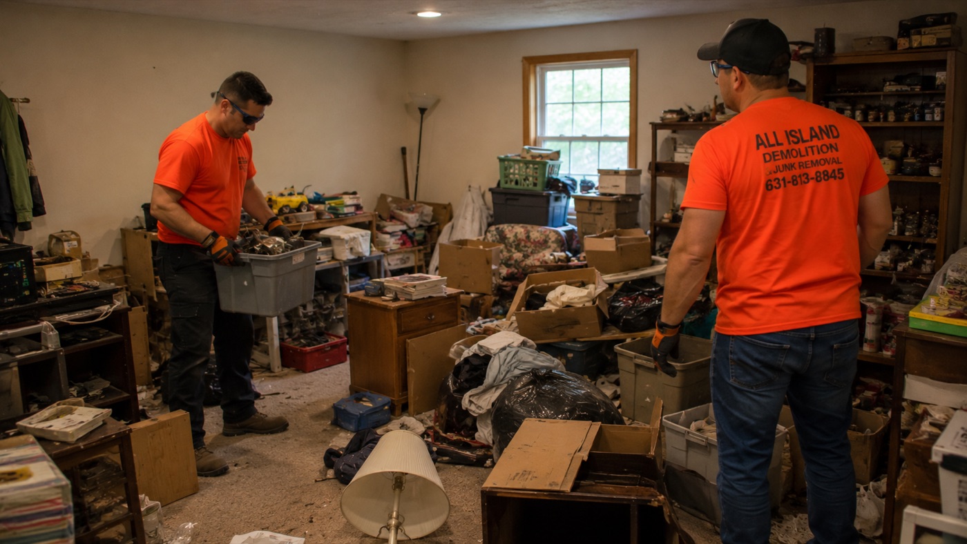 All Island crew beginning an estate cleanout in a heavily cluttered Long Island room