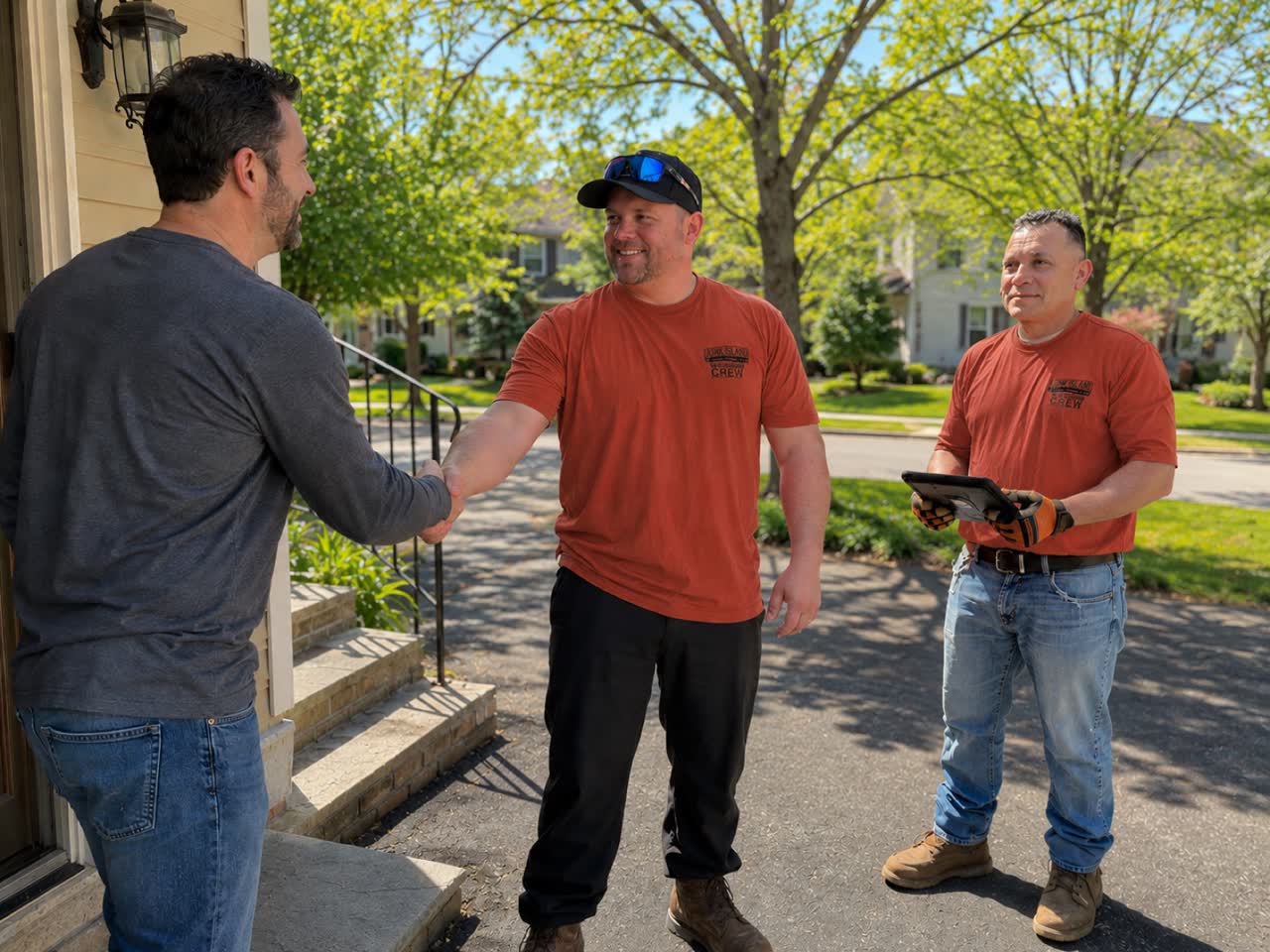 All Island crew greeting a customer in their driveway