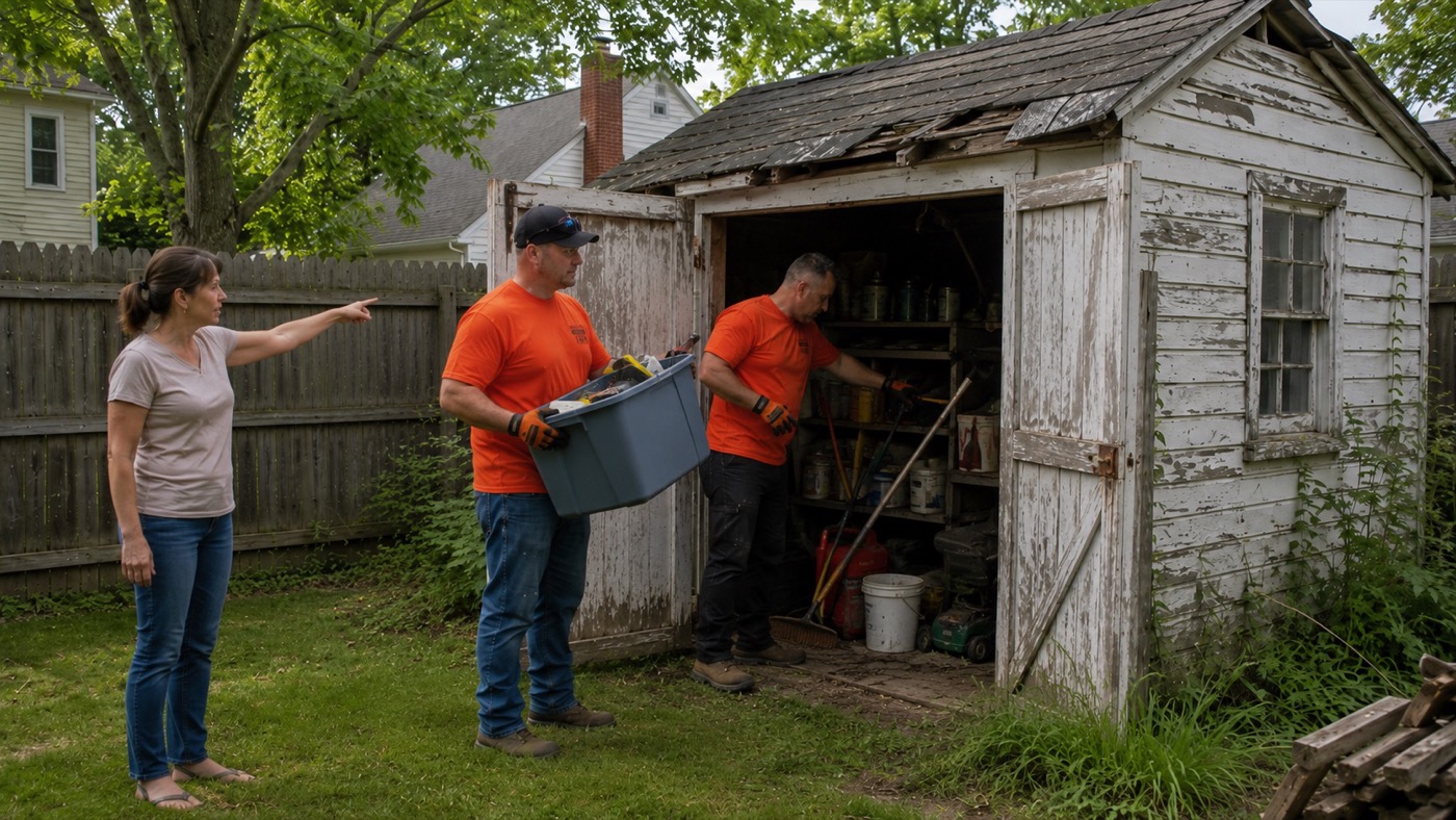 Crew clearing tools and storage from inside a shed before demolition