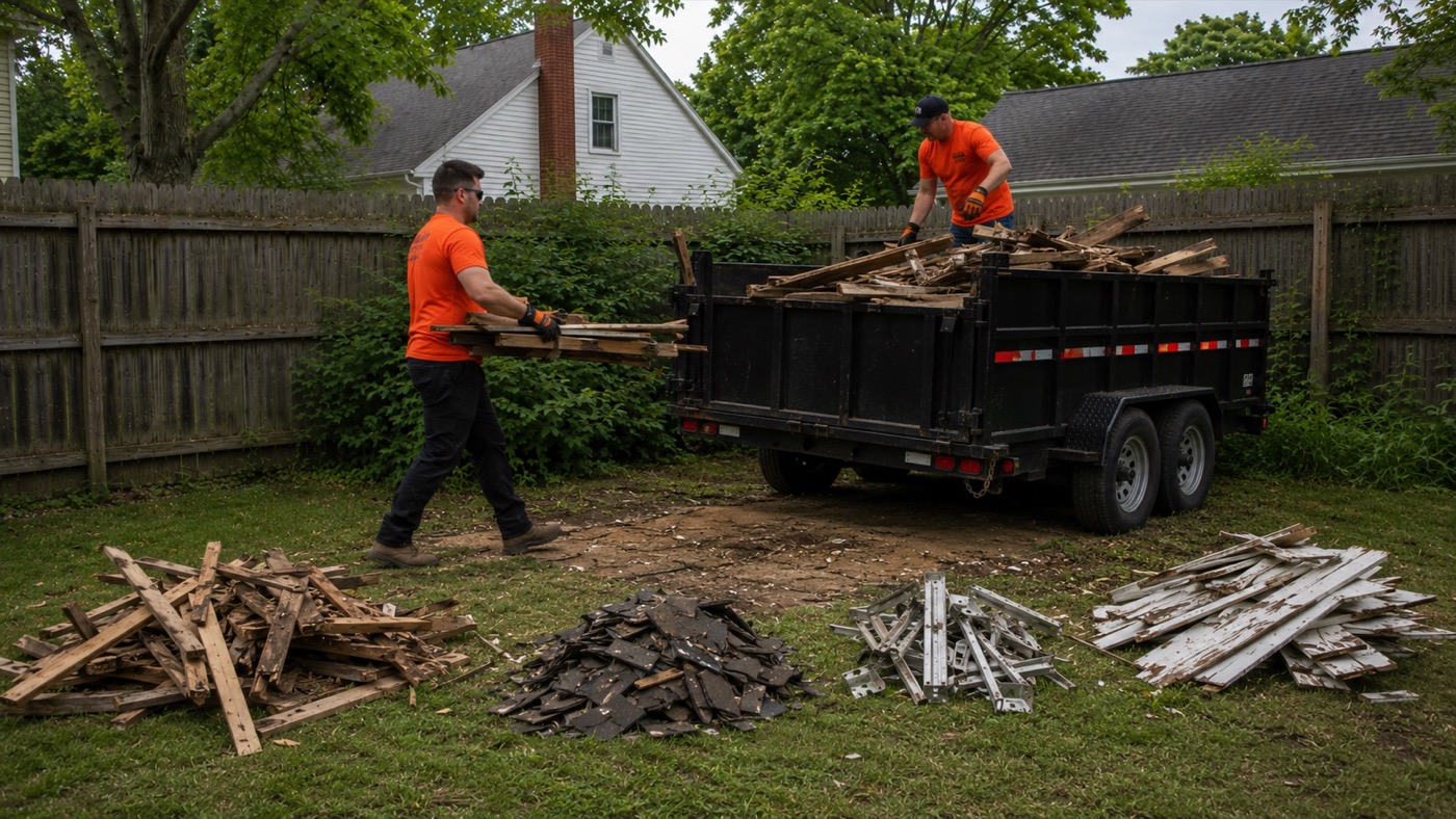 Crew sorting shed demolition debris into piles before loading the truck